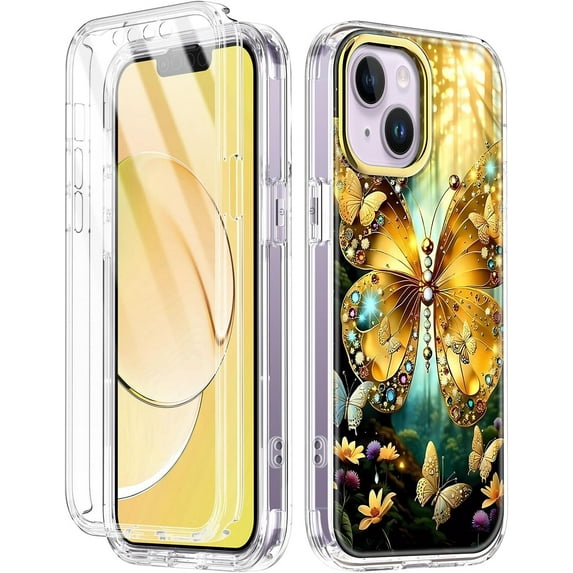 Meshine Compatible with iPhone 14 Case,10FT Military Grade Drop Protection,Built with Screen Protector,Rugged Protective Cover with Fashionable Designs for Women Girls,Butterfly