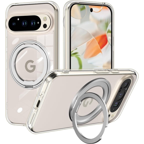 Meshine for Google Pixel 9 Pro XLCase, [Compatible with MagSafe] Built in 360° Rotatable Ring Stand Slim Shockproof Protective Phone Case for Pixel 9 Pro XL,Clear