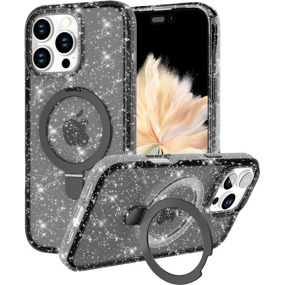 Meshine Magnetic for iPhone 16 Pro Phone Case Sparkly with Ring Stand,[Compatible with MagSafe],Slim Cute Crystal Glitter Shockproof Hard Back Soft Drop Protective Case for Girls Women,Black
