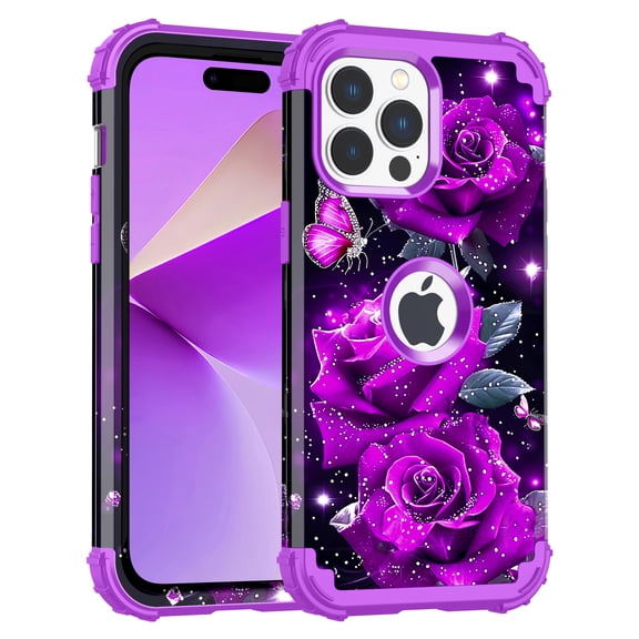 Meshine Phone Case for iPhone 14 Pro Max,Glow in The Dark Three Layer Heavy Duty Shockproof Full Body Protection Hard Plastic Bumper Soft Silicone Protective Case,Purple Rose