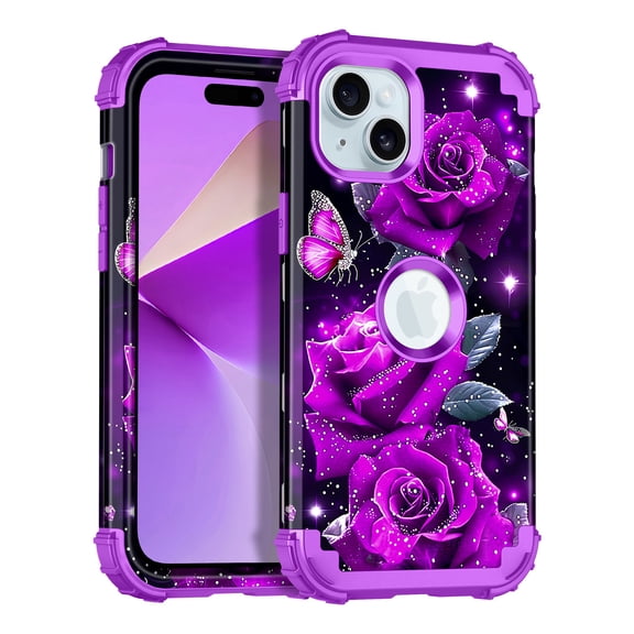 Meshine Phone Case for iPhone 15,Glow in The Dark Three Layer Heavy Duty Shockproof Full Body Protection Hard Plastic Bumper+Soft Silicone Protective Case,Purple Rose
