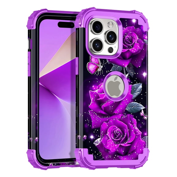 Meshine Phone Case for iPhone 15 Pro Max,Glow in The Dark Three Layer Heavy Duty Shockproof Full Body Protection Hard Plastic Bumper+Soft Silicone Protective Case,Purple Rose