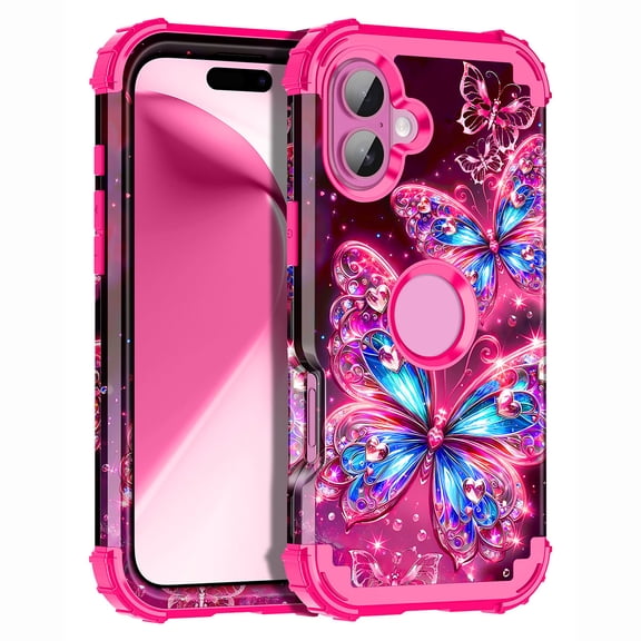 Meshine Phone Case for iPhone 16,Glow in The Dark Three Layer Heavy Duty Shockproof Full Body Protection Hard Plastic Bumper Soft Silicone Protective Case,Rose Blue Butterfly