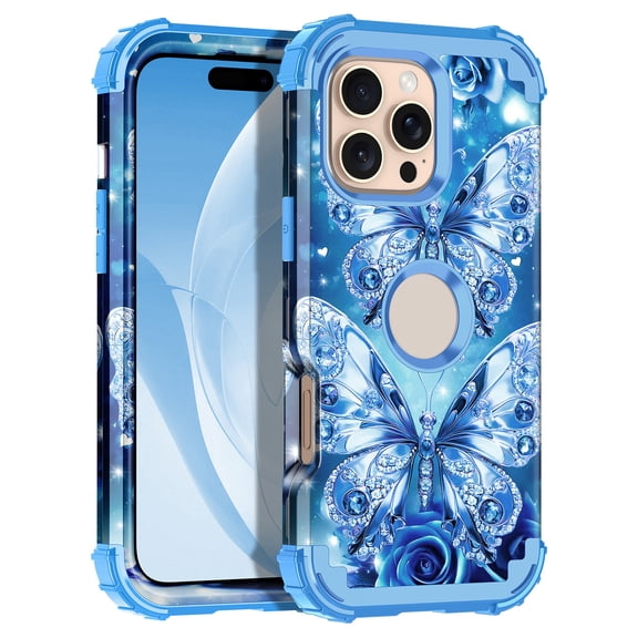 Meshine Phone Case for iPhone 16 Pro,Butterfly Glow in The Dark Three Layer Heavy Duty Shockproof Full Body Protection Hard Plastic Bumper+Soft Silicone Protective Case,Light Blue