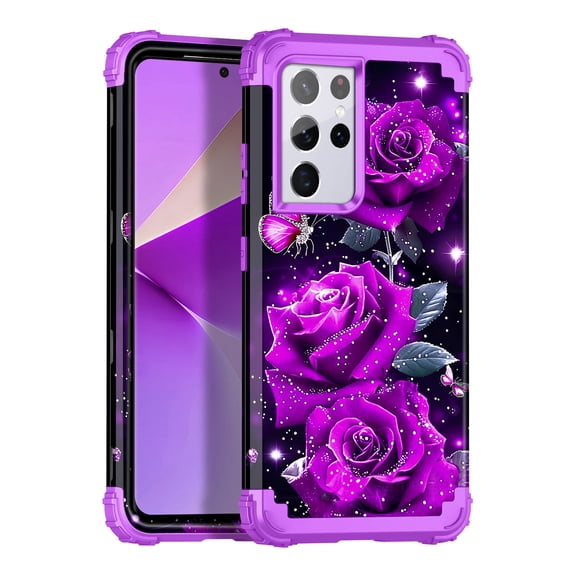 Meshine for Samsung Galaxy S21 Ultra 5G Case,Glow in The Dark Three Layer Heavy Duty Shockproof Full Body Protection Hard Plastic Bumper Soft Silicone Case,Purple Rose