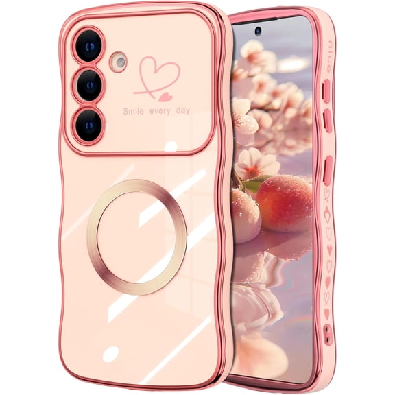Meshine for Samsung Galaxy S23 FE, [Compatible with MagSafe] Cute Curly Wave Frame Shape Luxury Plating Love Heart, Soft TPU Bumper Full Camera Protection Phone Case, Pink