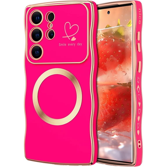Meshine for Samsung Galaxy S23 Ultra, [Compatible with MagSafe] Cute Curly Wave Frame Shape Luxury Plating Love Heart, Soft TPU Bumper Full Camera Protection Phone Case, Hot Pink