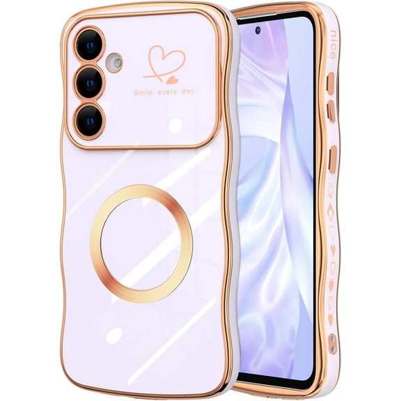 Meshine for Samsung Galaxy S24, [Compatible with MagSafe] Cute Curly Wave Frame Shape Luxury Plating Love Heart, Soft TPU Bumper Full Camera Protection Phone Case, Lavender