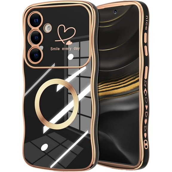 Meshine for Samsung Galaxy S24 Plus, [Compatible with MagSafe] Cute Curly Wave Frame Shape Luxury Plating Love Heart, Soft TPU Bumper Full Camera Protection Phone Case, Black