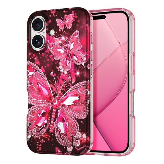 Meshine for iPhone 16 Case,Glow in The Dark Butterfly Slim Fit Protective Anti Scratch Phone Cover for Women Girls,Rose