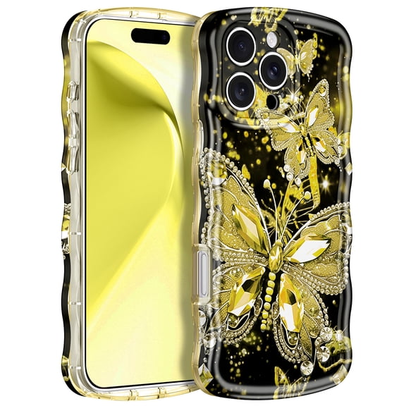 Meshine for iPhone 16 Pro Case,Glow in The Dark Butterfly Wave Magnetic Slim Fit Protective Anti Scratch Phone Cover for Women Girls,Yellow