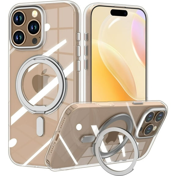 Meshine for iPhone 16 Pro Case with 360° Rotatable Ring Stand Slim Shockproof Protective Cover Compatible with MagSafe Clear
