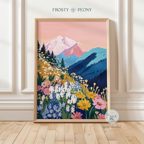 Mesmerizing Mountain Wildflower Scenery Art Print, Vibrant Abstract Mountain Landscape Muted Tones Art, Wall Art, Modern Wall Decor, 8x12 UNFRAMED