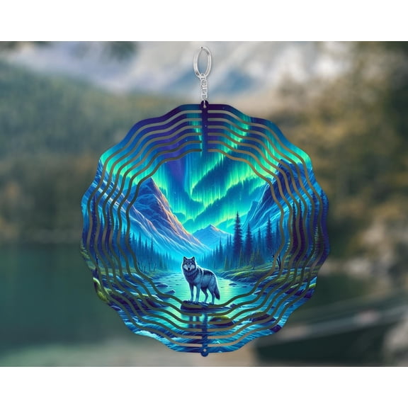 Mesmerizing Wolf Northern Lights Aurora Borealis Wind Spinner 10 Inch Metal Mountain River Outdoor Garden Yard Art Decor