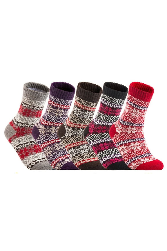 Girl's 5 Pairs Pack Fashion Plaid-Maple Leaf Wool Socks One Size 7-9