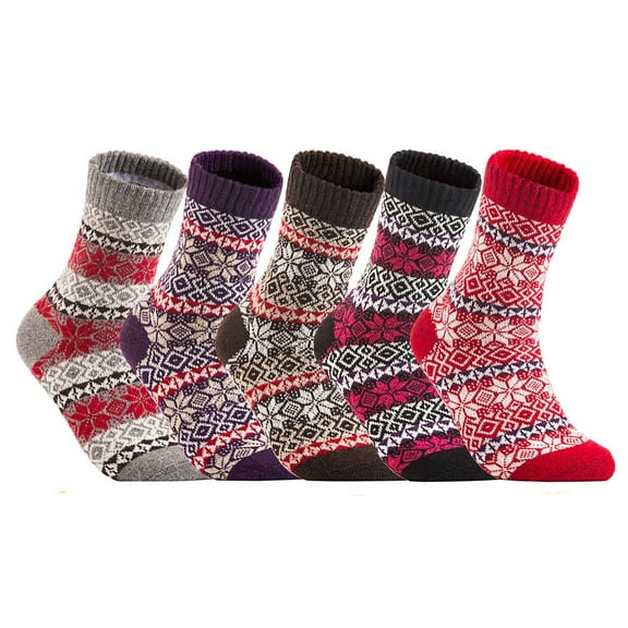 Meso Big Girl's 5 Pairs Plaid-Maple Leaf Wool Socks | Breathable Lightweight Crew Socks Good as Hiking & Running Socks Size 6-9