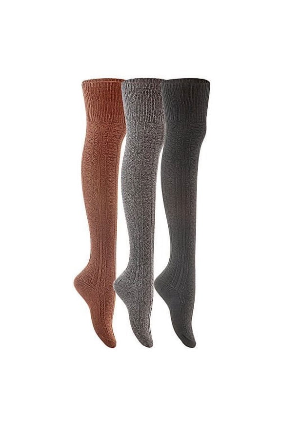 Women's 3 Pairs Over Knee High Thigh High Cotton Socks JMYP1025-07 Size 6-9Coffee, Dark Grey, Black