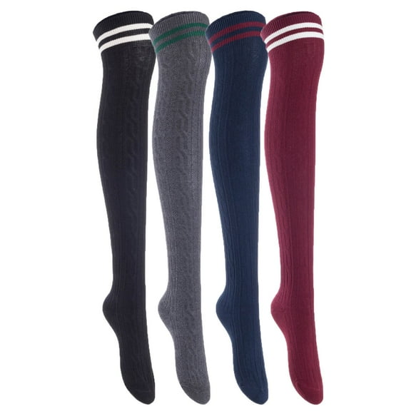 Meso Women's 4 Pairs Awesome Thigh High Cotton Socks, Comfortable, Soft and Super Durable Size 6-9 M1023 Black, Dark Grey, Navy, Wine 4c4