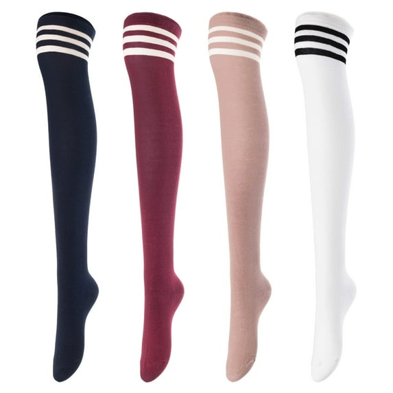 Big Girls' Women's 4 Pairs Over Knee High Thigh High Cotton Socks Leg Wamers Size L/XL(Navy, Wine, Beige, White) 4c3