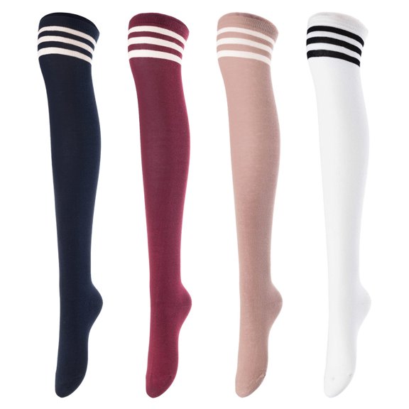 Big Girls' Women's 4 Pairs Over Knee High Thigh High Cotton Socks Leg Wamers Size L/XL(Navy, Wine, Beige, White) 4c3