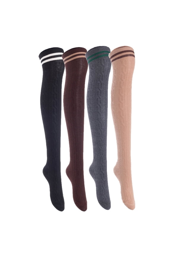 Women's Big Girl's 4 Pairs Splendid Knee High Cotton Socks, Strong yet Soft, Cozy and Stylish Size 6-9 M1023 Black, Coffee, Dark Grey, Khaki