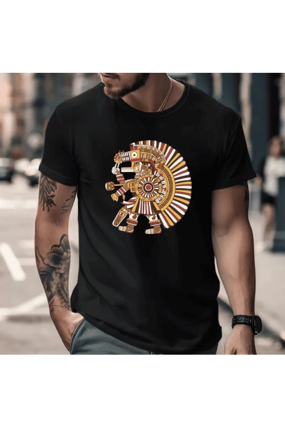 Mesoamerican Aztec Print Retro Tribal Cultural Inspired Graphic Unisex T-Shirt, for men & women, up to size 5XL