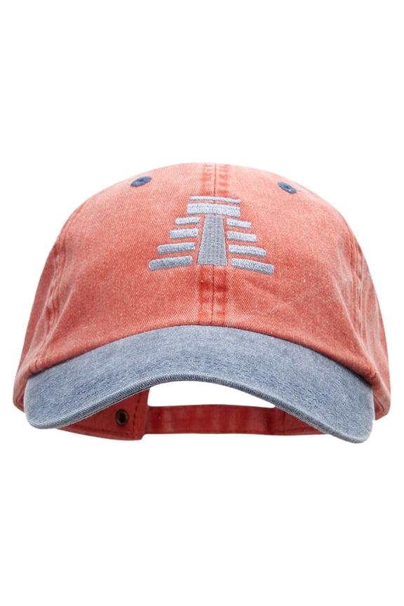 Mesoamerican Pyramid Embroidered Pigment Dyed Wash Caps - Orange Navy OSFM