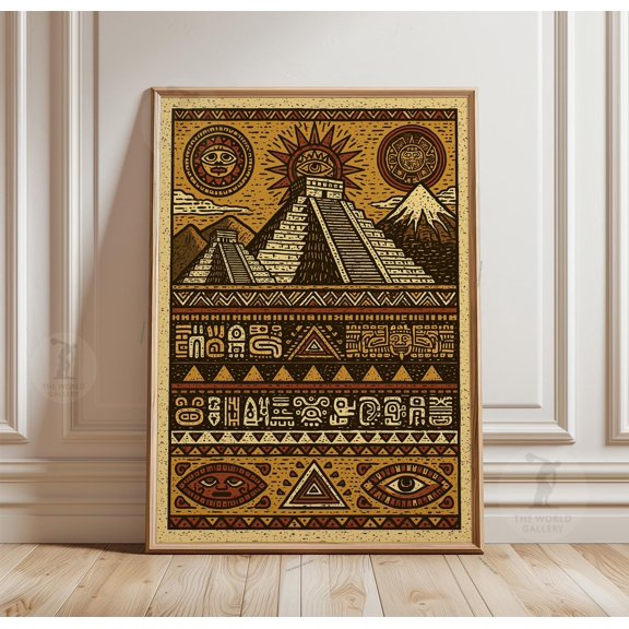 Mesoamerican Pyramid Poster, Tribal Geometric Wall Art, Paper Print, Poster Only