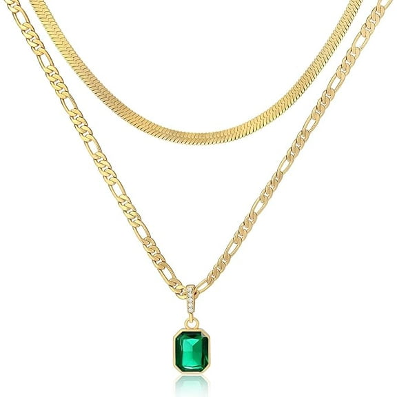 Mesovor Women Gold Layered Necklaces 18K Gold Plated Emerald Pendant Rectangle Necklaces Layering Choker Necklace