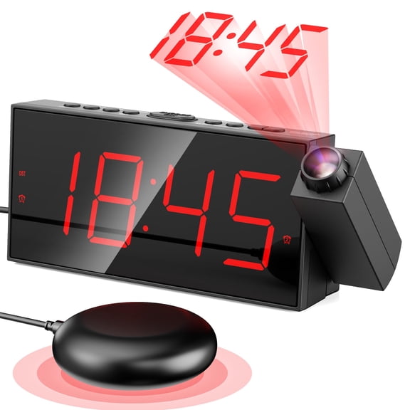 Mesqool Projection Alarm Clock, Loud Vibrating Alarm Clock for Heavy Sleepers, Adjustable Projection Brightness,Hearing Impaired & Deaf People, Digital Alarm Clock with USB Charging Port