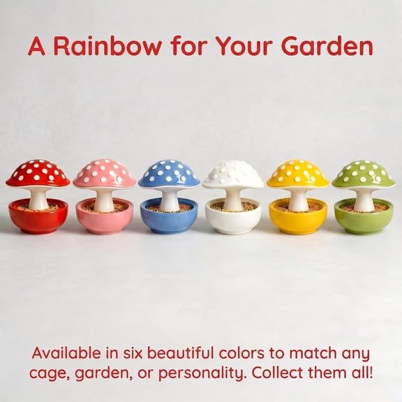 No Mess Mushroom Resin Bird Feeder, Spill-Proof Food & Water Bowl with Poop-Blocking Umbrella Design, Stable Base & Easy Clean, for Budgies Cockatiels Lovebirds Hamsters, White