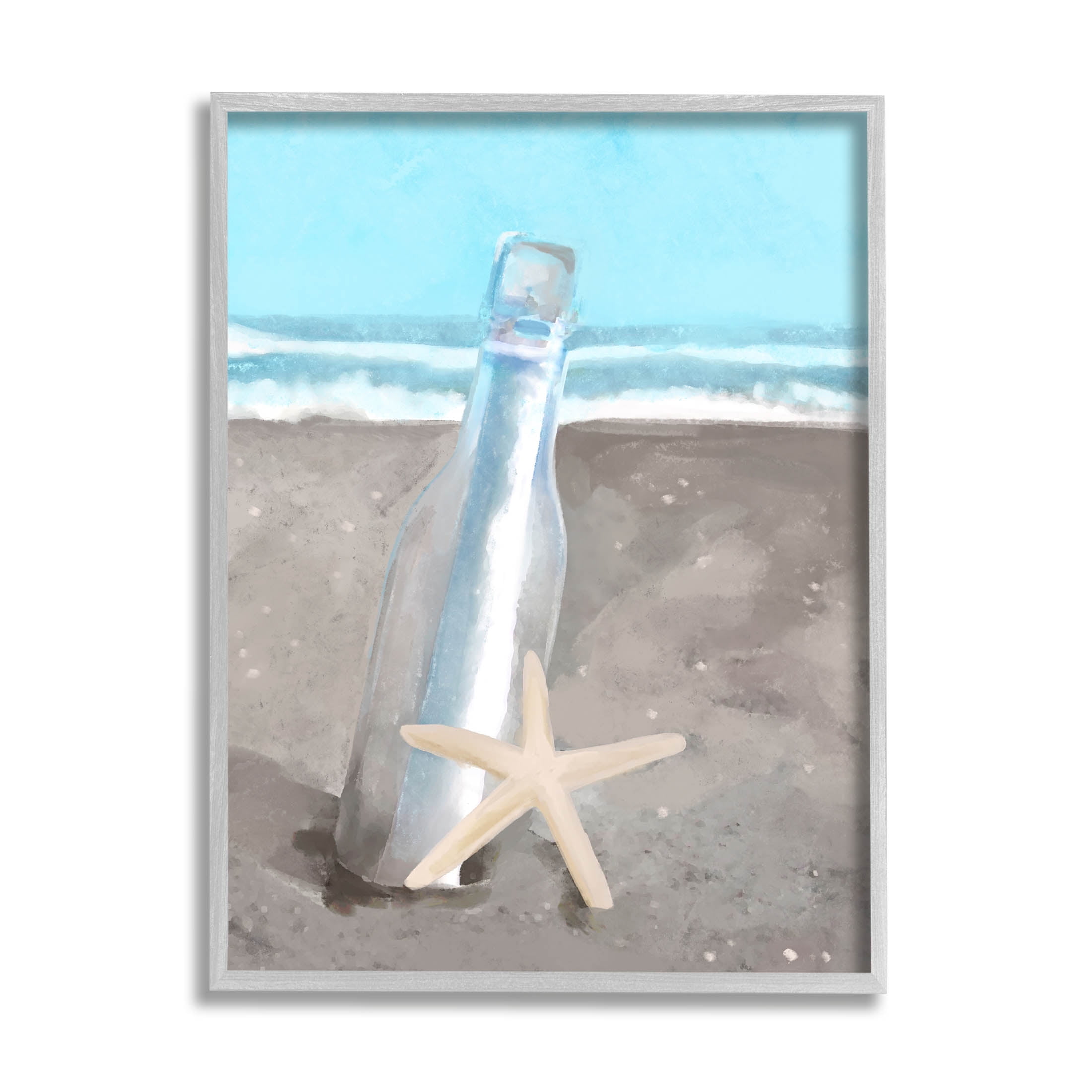 Message Bottle Beach Shore Coastal Graphic Art Gray Framed Art Print Wall Art