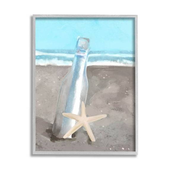 Message Bottle Beach Shore Coastal Graphic Art Gray Framed Art Print Wall Art