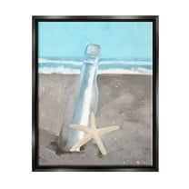 Message Bottle Beach Shore Coastal Graphic Art Jet Black Framed Art Print Wall Art