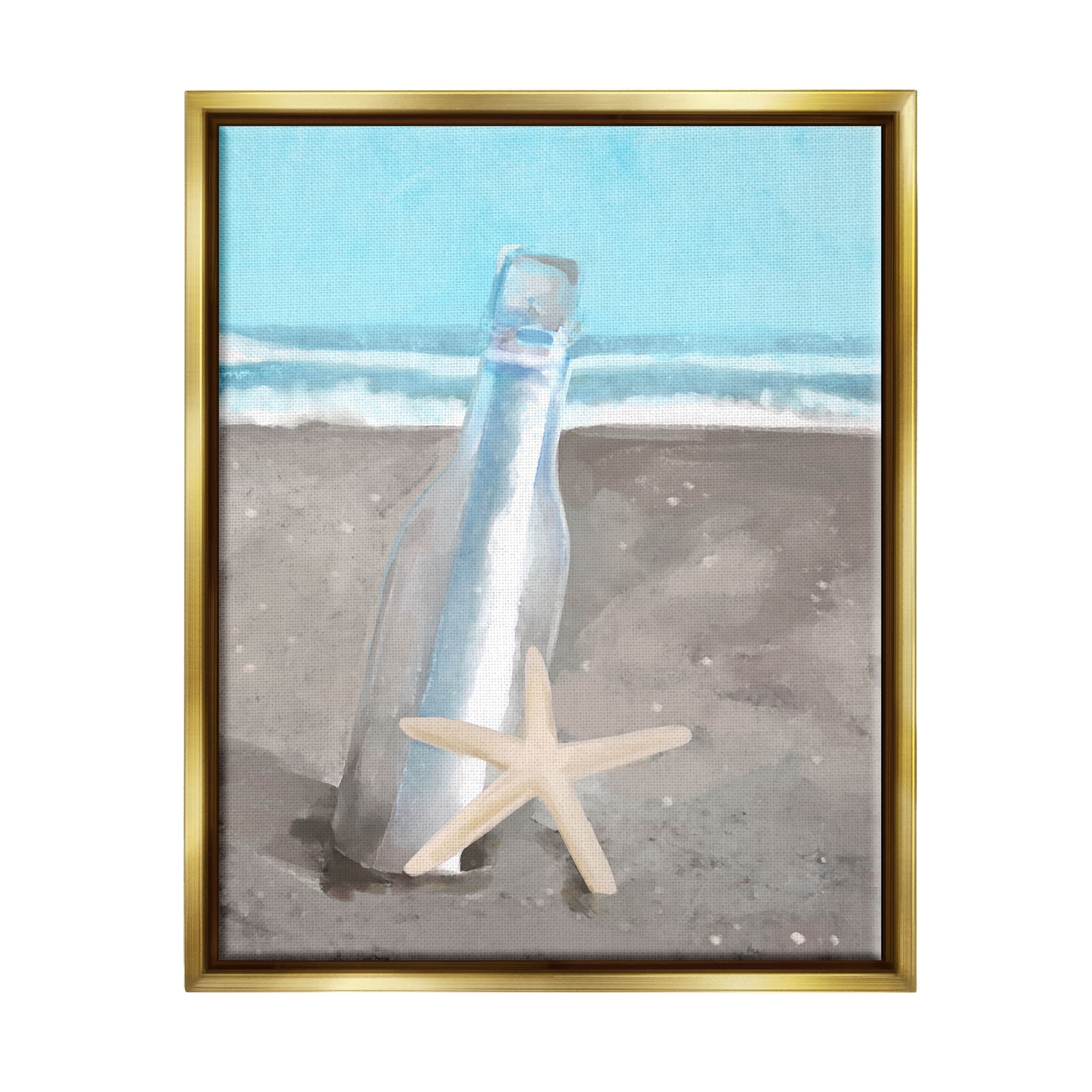 Message Bottle Beach Shore Coastal Graphic Art Metallic Gold Framed Art Print Wall Art