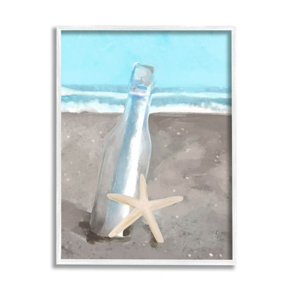 Message Bottle Beach Shore Coastal Graphic Art White Framed Art Print Wall Art