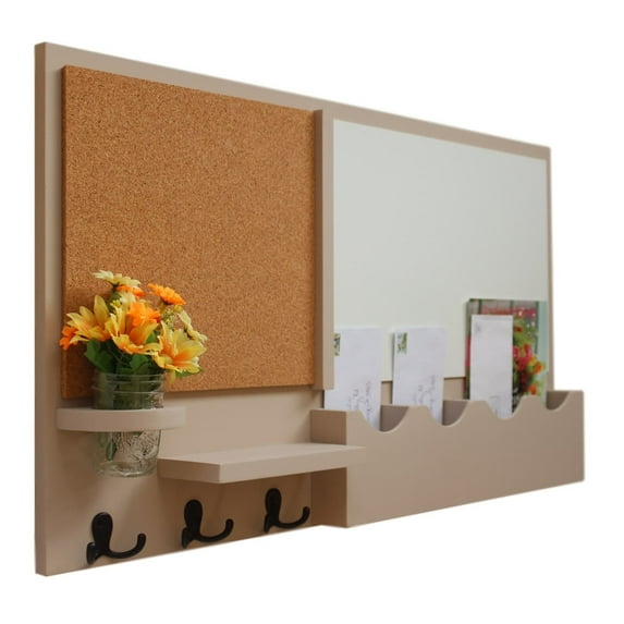 Message Center with Whiteboard, Cork Board, Mail Slots, Coat Hooks & Mason Jar