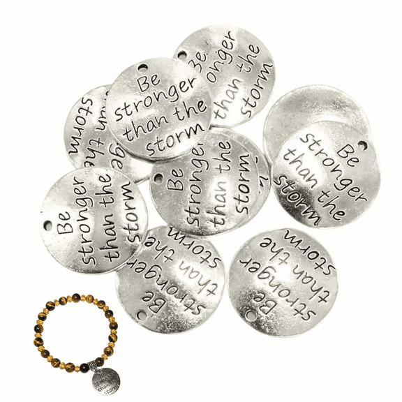Message Charms, Silver Inspiration Positive Word Small Pendant, Be Stronger Than The Storm, DIY Jewelry Supplies, Gift for Beader, 10 Pcs