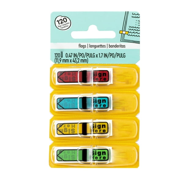 Message Sign Here Flags for Documents, 30 Flags per Dispenser 4 Dispensers in Pack, 0.47 Inch Width, Assorted Colors