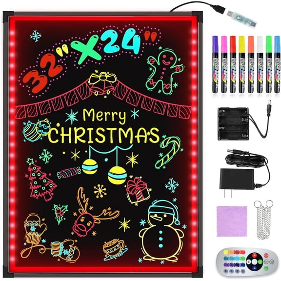 Message Writing Board 32"x24" Illuminated Erasable Neon Restaurant Menu Sign with 8 Colors Markers,16 Lighting Colors DIY Message Chalkboard for Thanksgiving Christmas Promotion and Gift