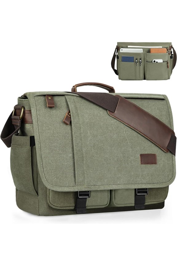 Messenger Bag 17.3 Inch, Mens Computer Bag Water-resistant Canvas, Laptop Bag Satchel Briefcase for Teacher/College/Work/Travel, Army Green