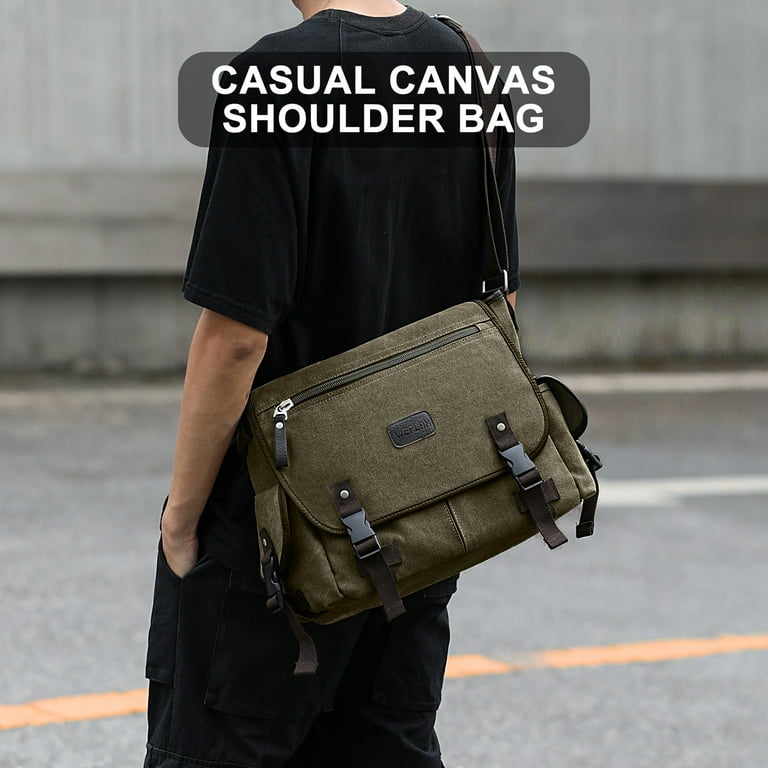 SYCNB Messenger Bag for Men,Water Resistant Unisex Canvas Shoulder Bag,Vintage Military Crossbody Bag,14 inch Laptop Bag, Adult Unisex, Size: Small, Green