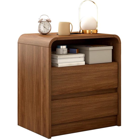 Messenya Modern Nightstand, 23.6-Inch Wide with Charging Station & Curved Anti-Collision Design, Mid-Century Storage Cabinet, Pre-Embedded Slots, Sturdy & Reusable, Ideal for Dorm