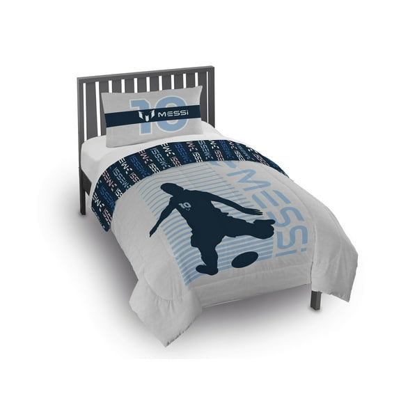 Messi Kids 2 Piece Grey Reversible Comforter and Pillowcase Set, Twin/Full