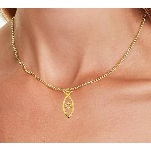 Messianic, 14KT Goldtone Yeshua, Jesus Fish,Ichthys, With A Star Of David In The Center On A Adjustable Cable Chain Necklace. What A Wonderful Gift For Yourself, Or Someone Special.Hypoallergenic-Safe