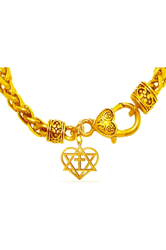 Messianic, 14KT Goldtone Yeshua (Jesus) Is In My Heart Charm On A 14KT Goldtone Wheat Chain Bracelet. what A Wonderful gift For Yourself Or Someone Special. Hypoallergenic-Safe, No Nickel, Or Lead