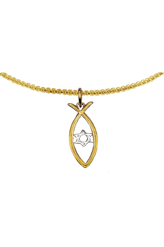 Messianic Christian Fish In 14KT Goldtone,Silver Star Of David, Goldtone Box Chain Necklace.If you do not believe that this jewelry is beautiful when you receive it, simply return it for a full refund