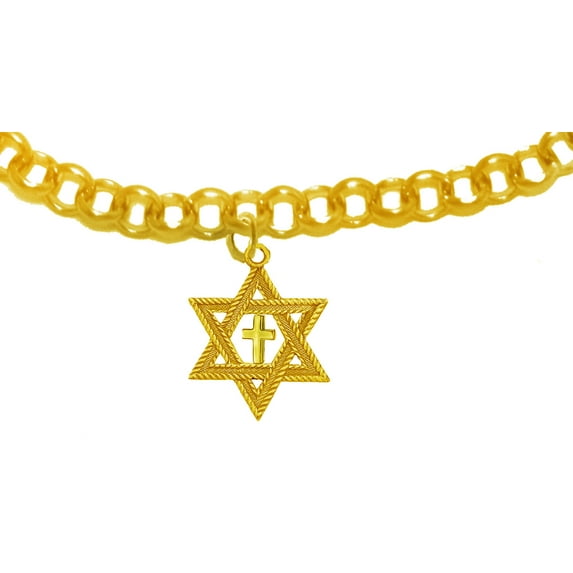 Messianic, Christian, Jewish Antique 14KT Goldtone Star Of David And A Goldtone Polished Cross On A Adjustable Goldtone Rolo Bracelet, Will Fit Everyone, Hypoallergenic-Safe, No Nickel, Lead, or Cad