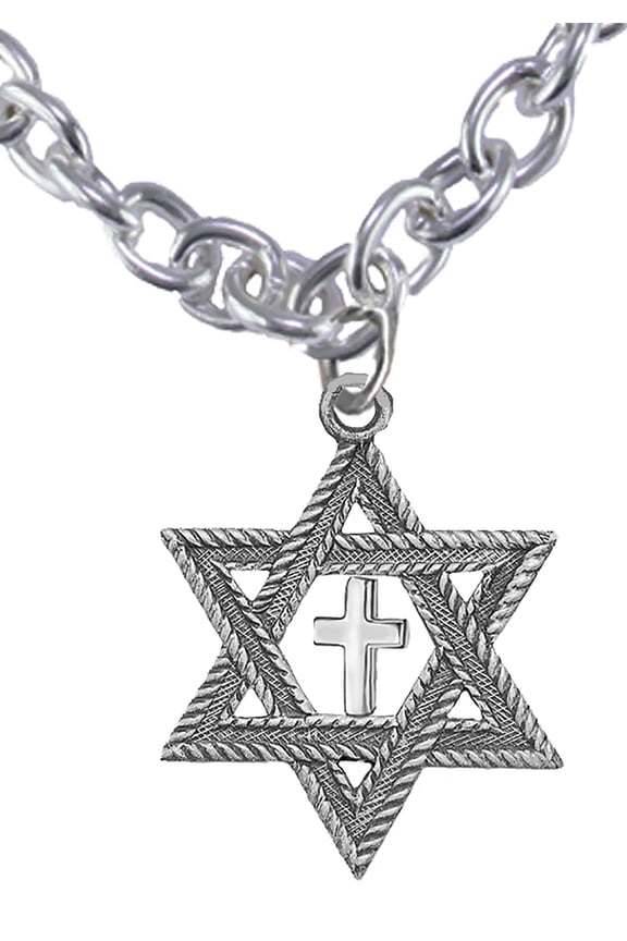Messianic Christian Jewish Men's Antique Silvertone Star Of David, With Polished Silvertone Cross On A 18 Inch Cable Chain Necklace, Hypoallergenic-Safe, No Nickel, Lead, Or Cadmium In The Metal. 202