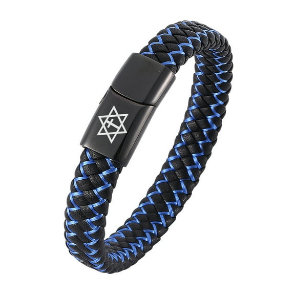 Messianic Cross Star of David Bracelet - Inspirational Christianity Judaism Symbol Lines Leather Cuff Bangle - Israel Holy Land Jew Christian Faith Jewelry for Men Women, Blue, 8.07''